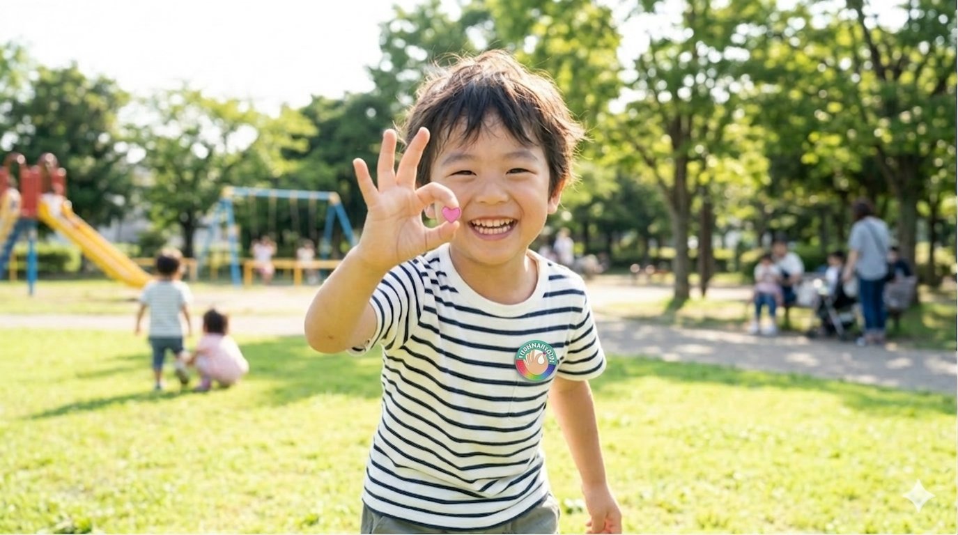 子どもが笑顔で走っている公園の写真